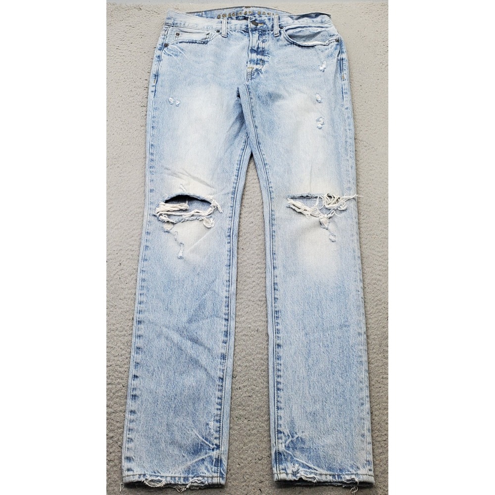 American Eagle Straight Jeans Men 32x34 Blue Denim Light Wash Distressed Stretch